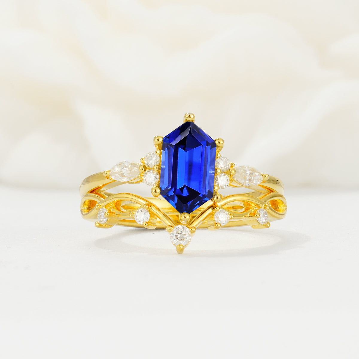 Elegant Long Hexagonal Cut Twisted Vine Sapphire Engagement Ring - Yellow-Gold