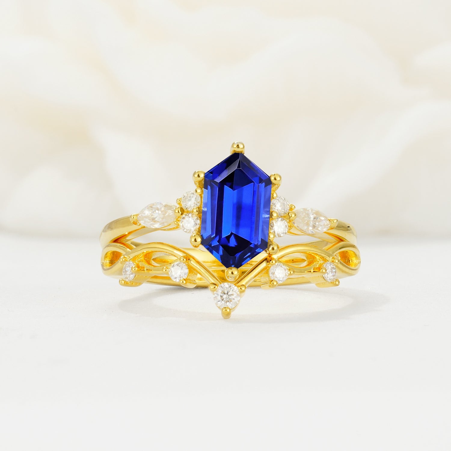 Elegant Long Hexagonal Cut Twisted Vine Sapphire Engagement Ring - Yellow-Gold
