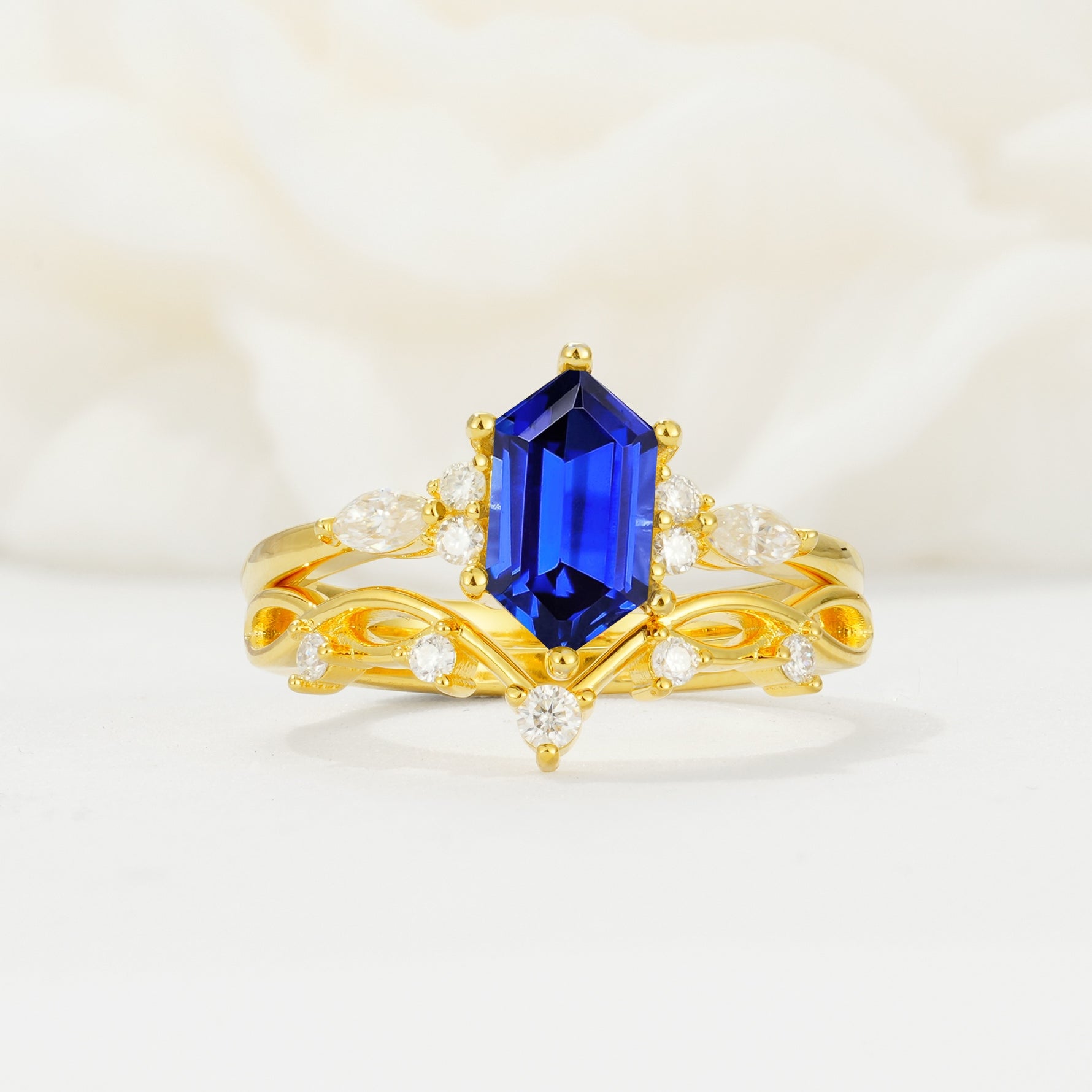 Elegant Long Hexagonal Cut Twisted Vine Sapphire Engagement Ring - Yellow-Gold