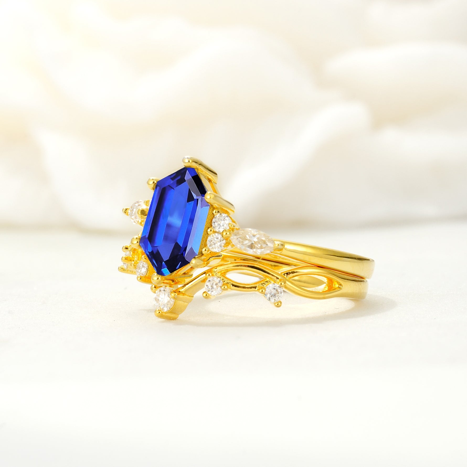 Elegant Long Hexagonal Cut Twisted Vine Sapphire Engagement Ring - Rose-Gold