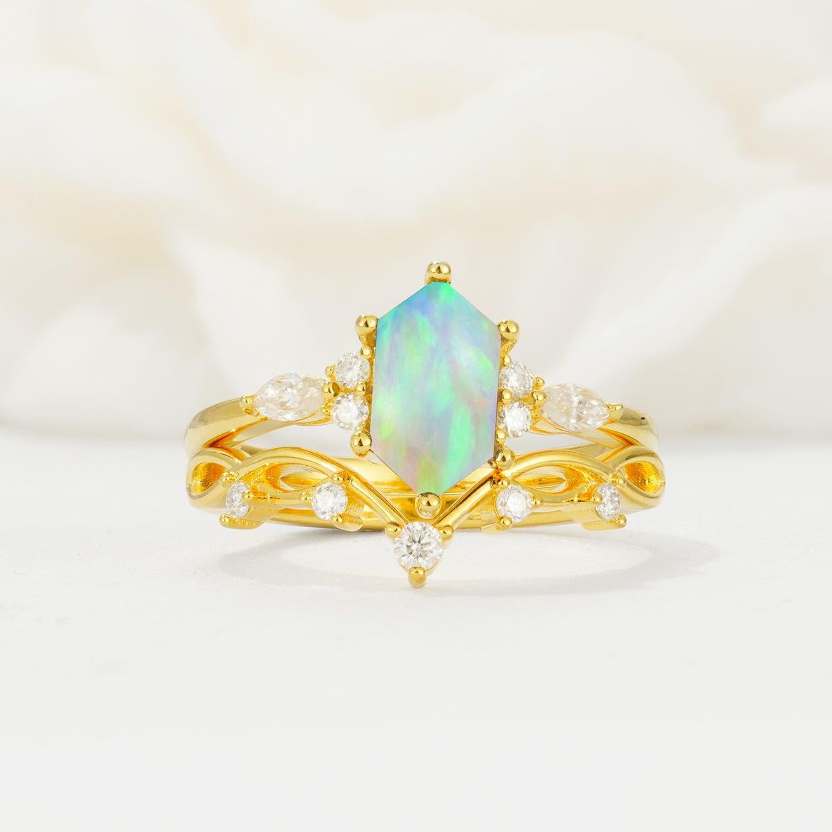 Elegant Long Hexagonal Cut Twisted Vine Fire Opal Engagement Ring - Yellow-Gold