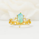 Elegant Long Hexagonal Cut Twisted Vine Fire Opal Engagement Ring - Yellow-Gold