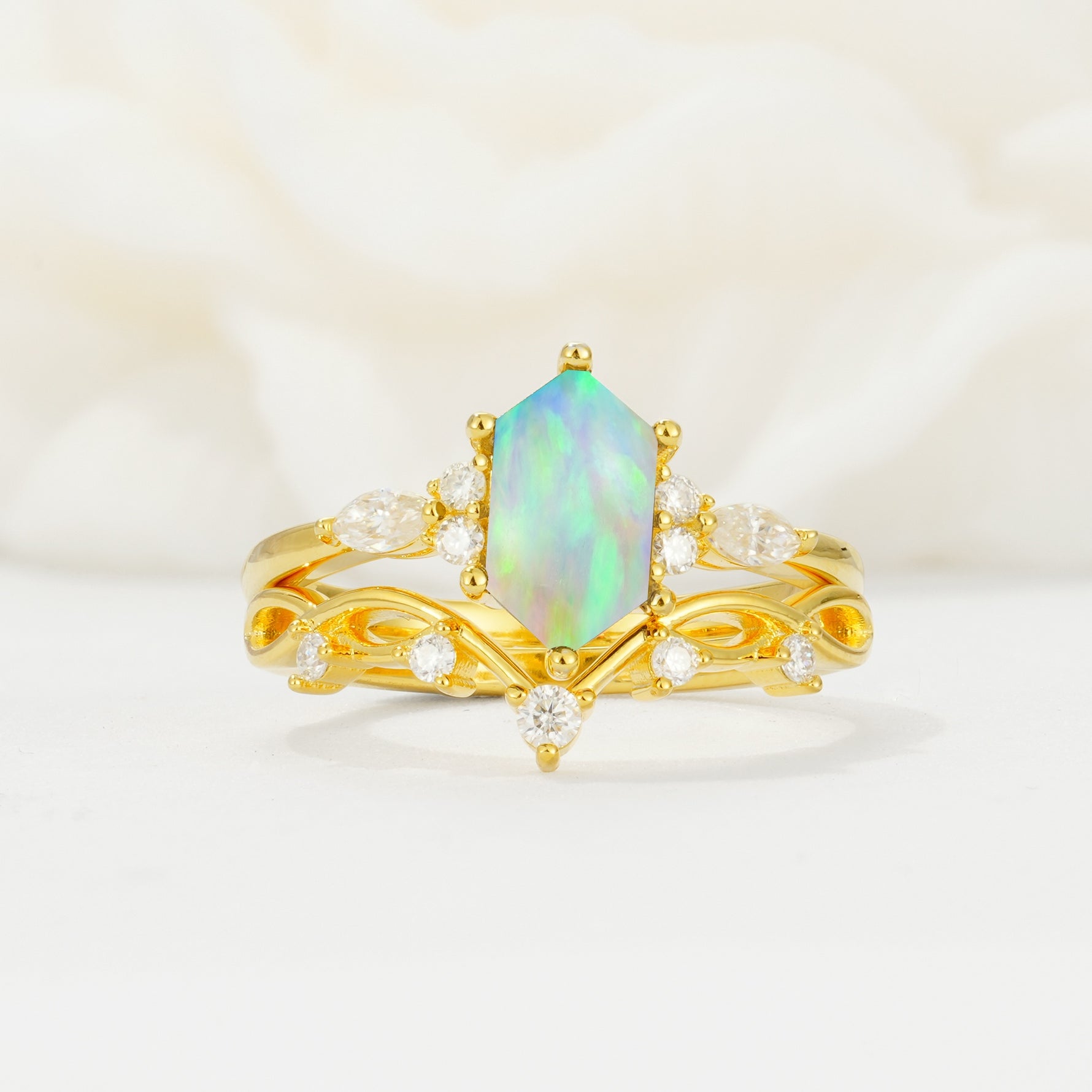 Elegant Long Hexagonal Cut Twisted Vine Fire Opal Engagement Ring - Yellow-Gold