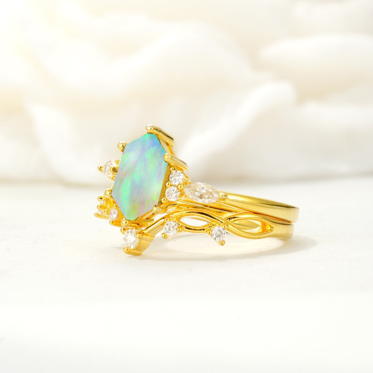 Elegant Long Hexagonal Cut Twisted Vine Fire Opal Engagement Ring - Rose-Gold