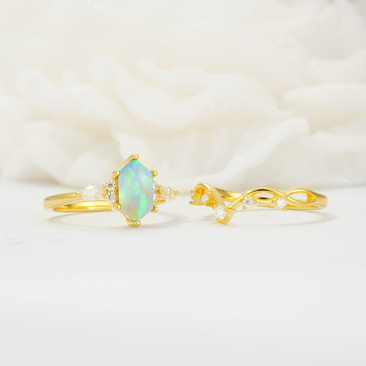 Elegant Long Hexagonal Cut Twisted Vine Fire Opal Engagement Ring - White-Gold