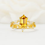 Elegant Long Hexagonal Cut Twisted Vine Citrine Engagement Ring - Yellow-Gold
