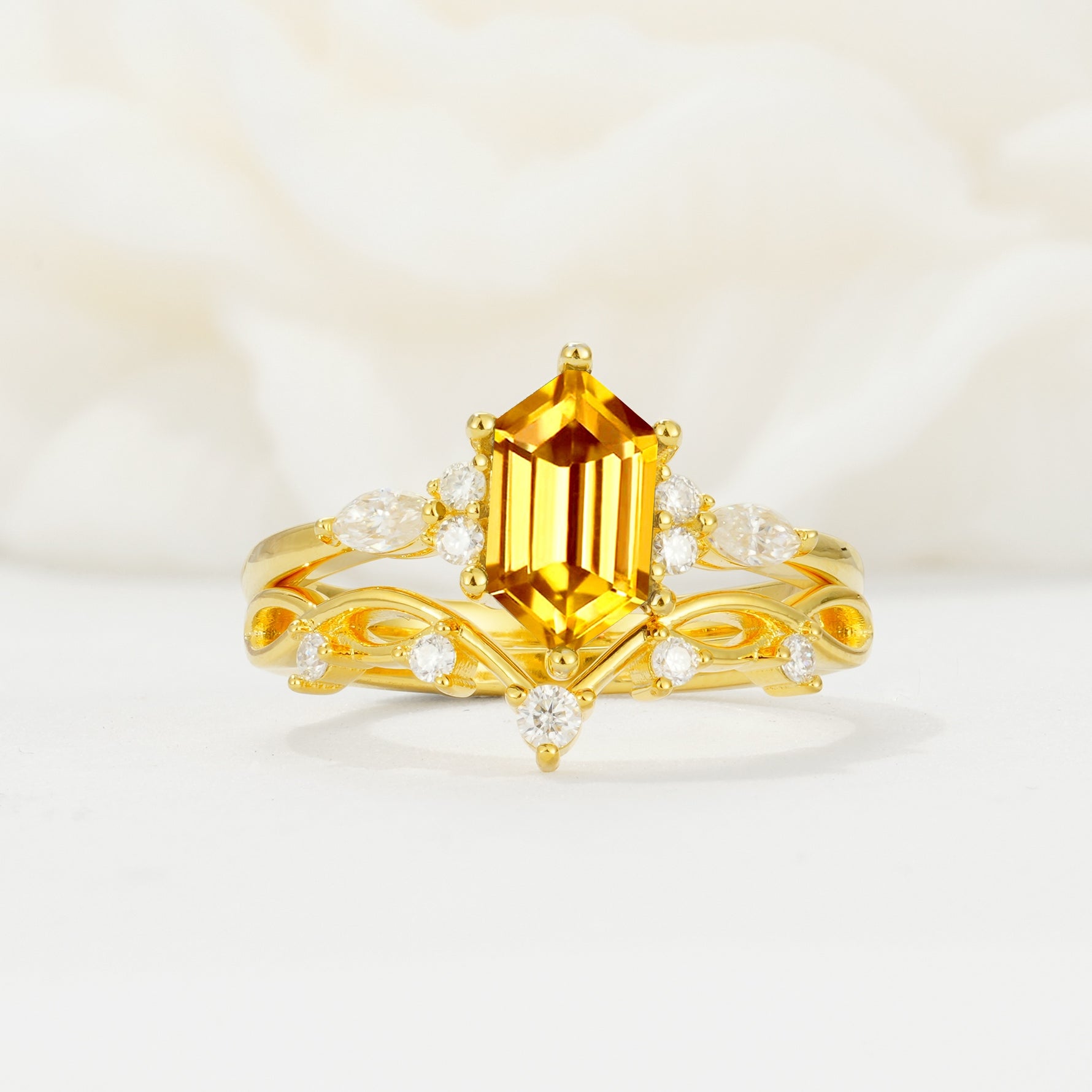 Elegant Long Hexagonal Cut Twisted Vine Citrine Engagement Ring - Yellow-Gold