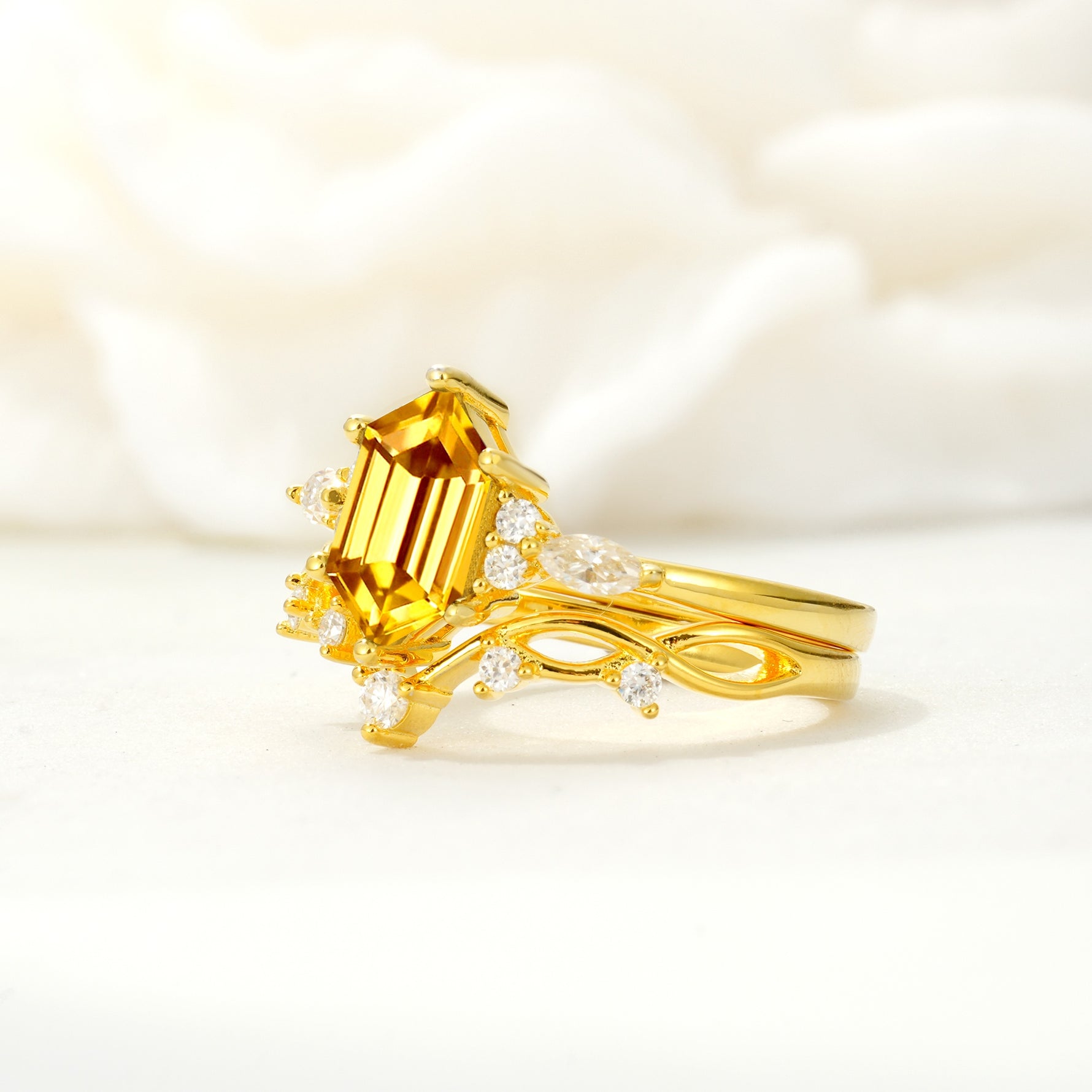 Elegant Long Hexagonal Cut Twisted Vine Citrine Engagement Ring - Rose-Gold