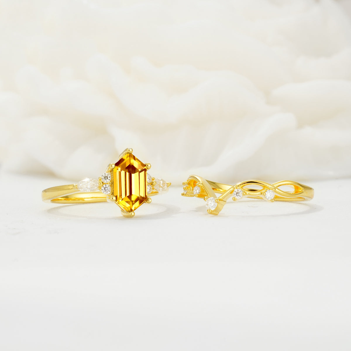 Elegant Long Hexagonal Cut Twisted Vine Citrine Engagement Ring - White-Gold