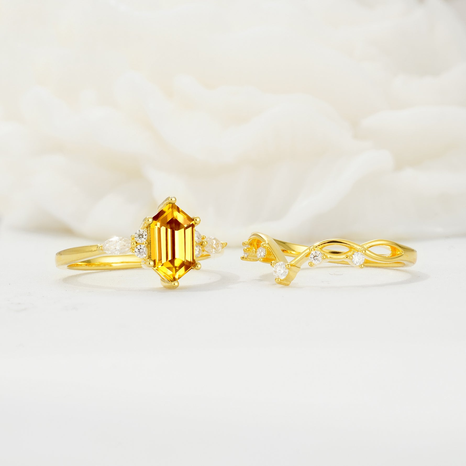 Elegant Long Hexagonal Cut Twisted Vine Citrine Engagement Ring - White-Gold