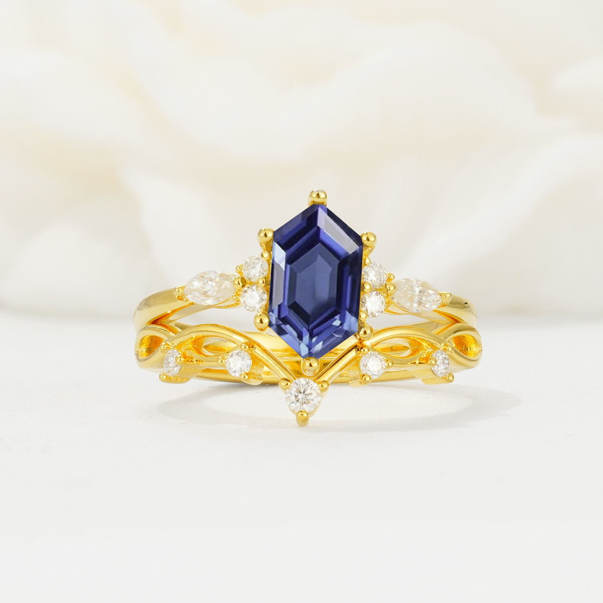 Elegant Long Hexagonal Cut Twisted Vine Tanzanite Engagement Ring - Yellow-Gold