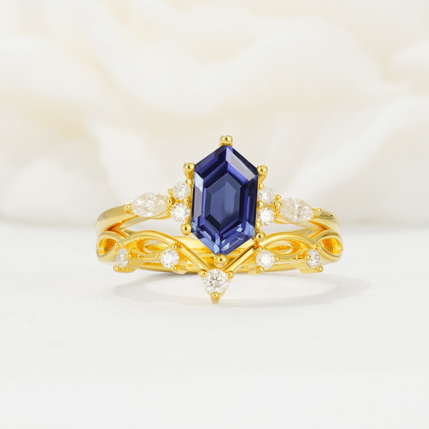 Elegant Long Hexagonal Cut Twisted Vine Tanzanite Engagement Ring - Yellow-Gold