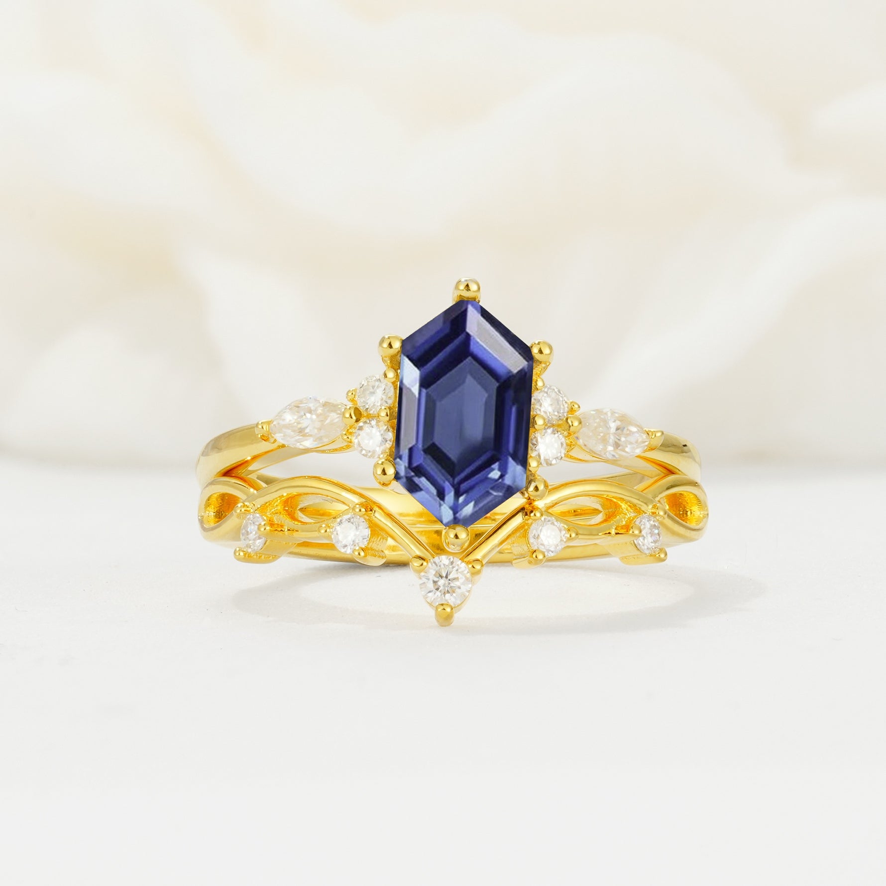 Elegant Long Hexagonal Cut Twisted Vine Tanzanite Engagement Ring - Yellow-Gold