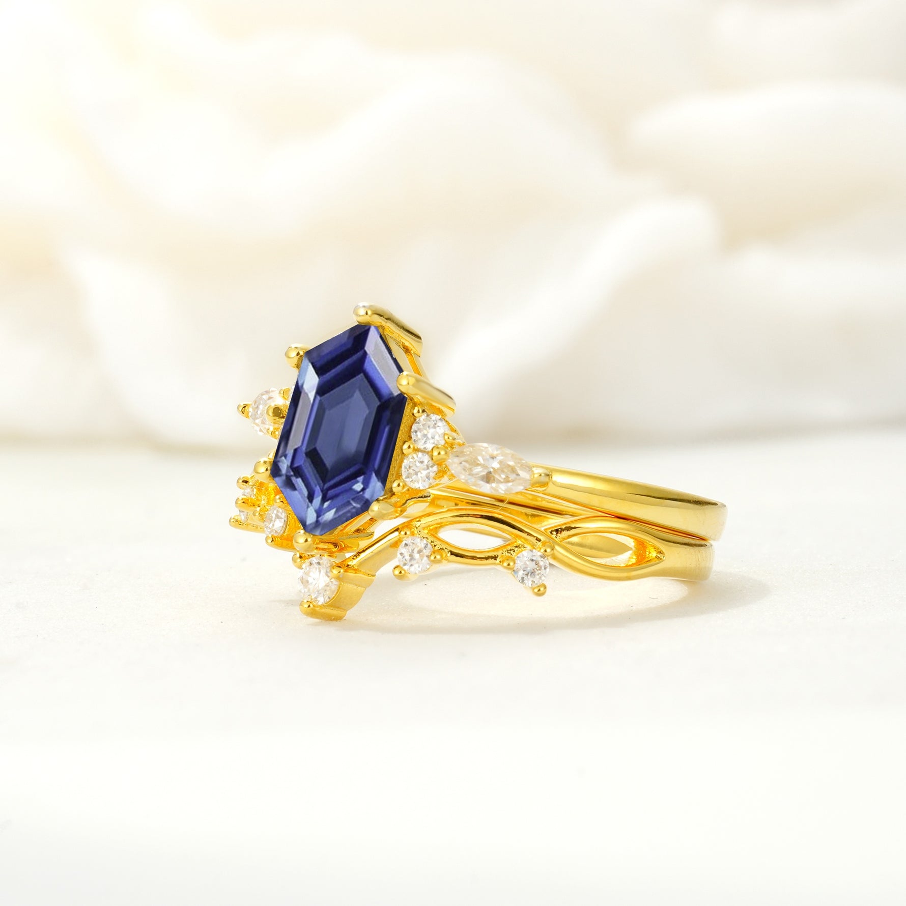 Elegant Long Hexagonal Cut Twisted Vine Tanzanite Engagement Ring - Rose-Gold