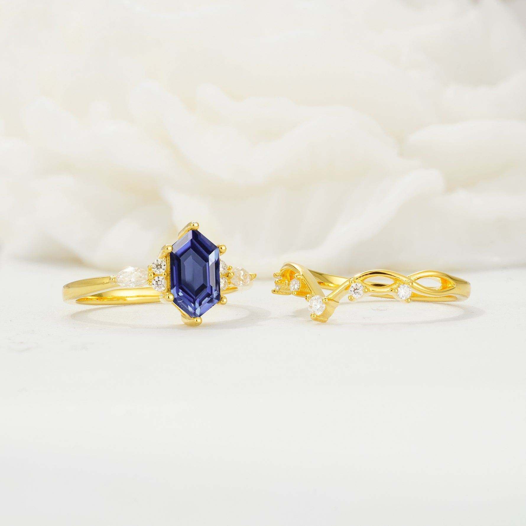 Elegant Long Hexagonal Cut Twisted Vine Tanzanite Engagement Ring - White-Gold