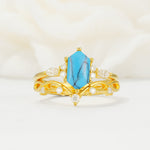 Elegant Long Hexagonal Cut Twisted Vine Turquoise Engagement Ring - Yellow-Gold