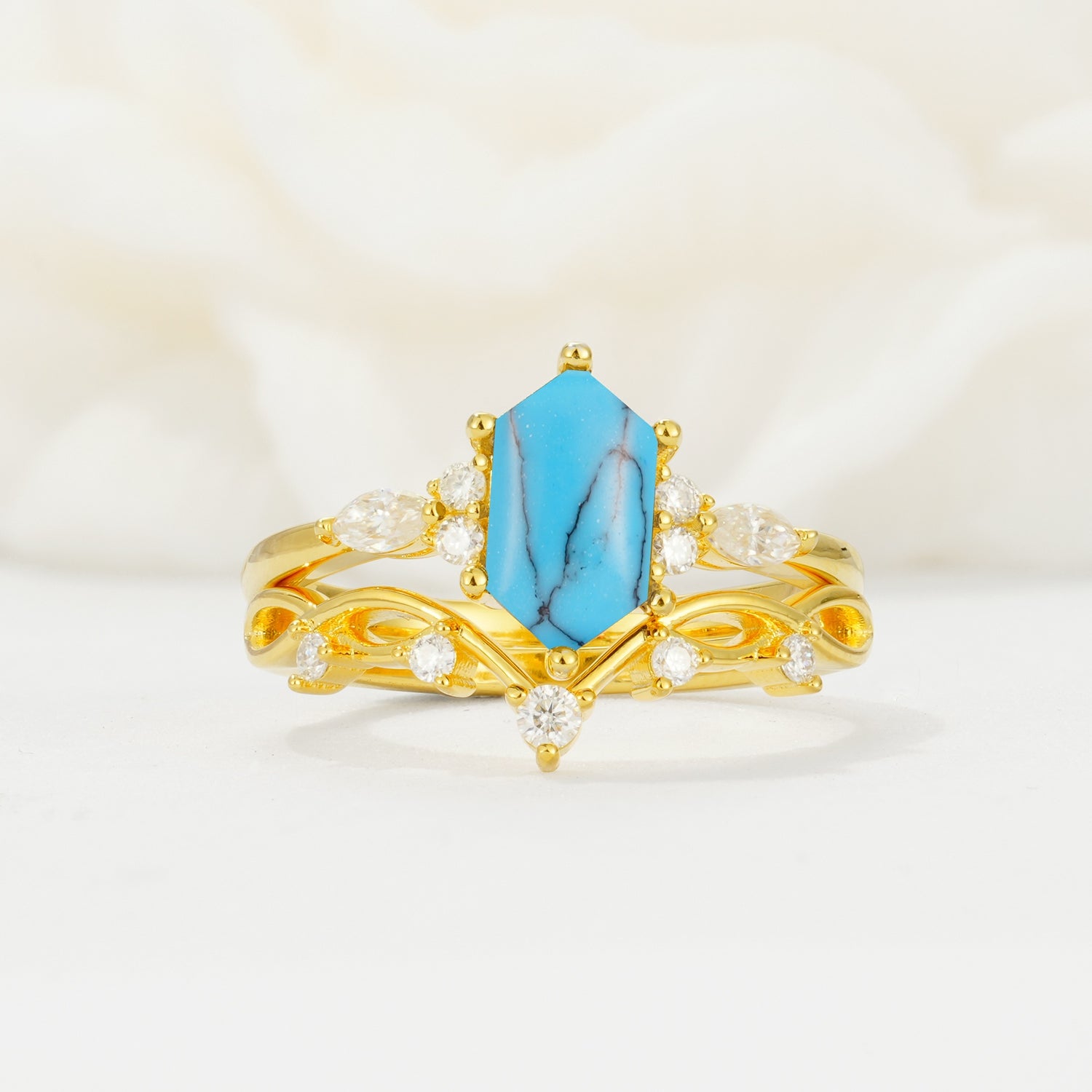 Elegant Long Hexagonal Cut Twisted Vine Turquoise Engagement Ring - Yellow-Gold