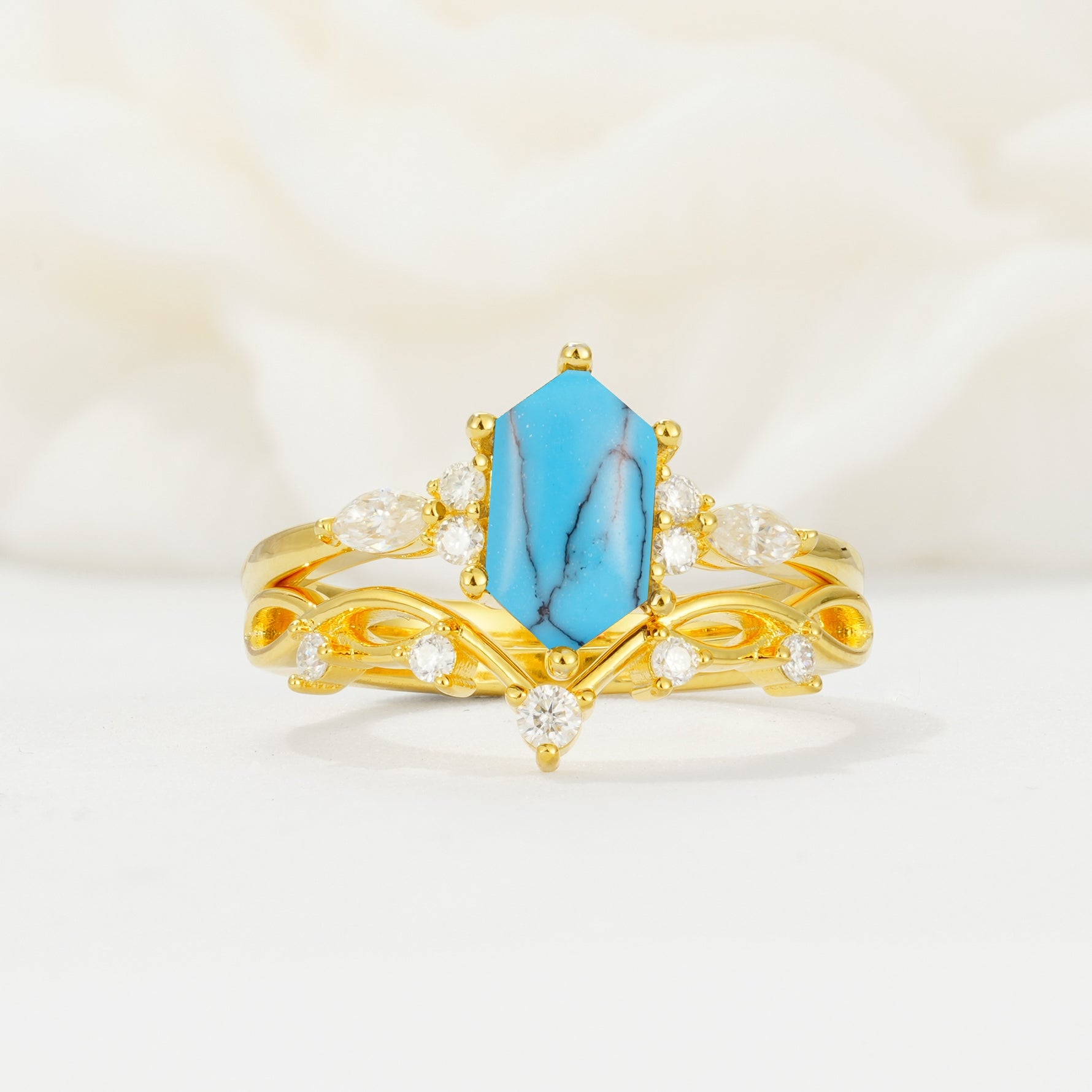 Elegant Long Hexagonal Cut Twisted Vine Turquoise Engagement Ring - Yellow-Gold