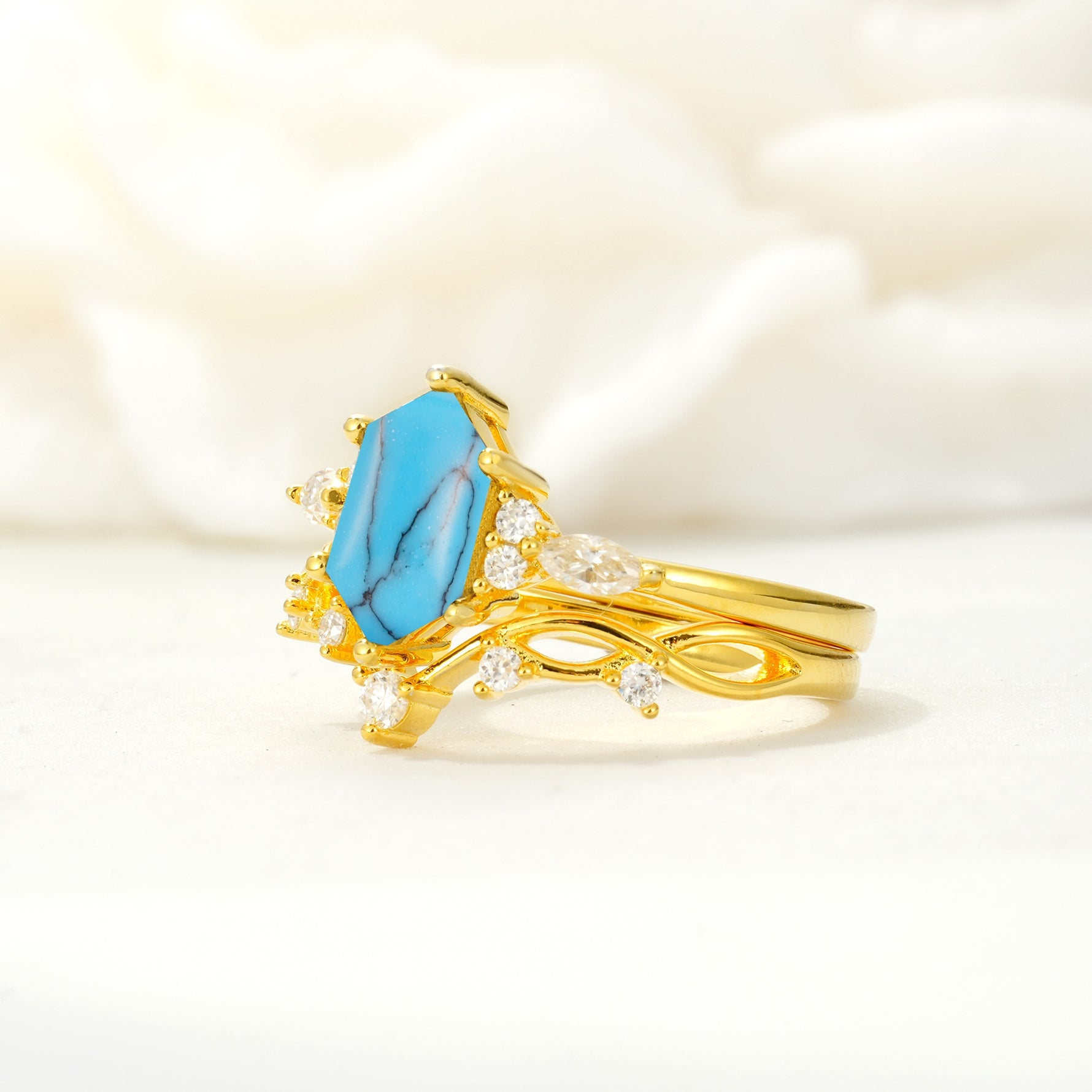 Elegant Long Hexagonal Cut Twisted Vine Turquoise Engagement Ring - Rose-Gold