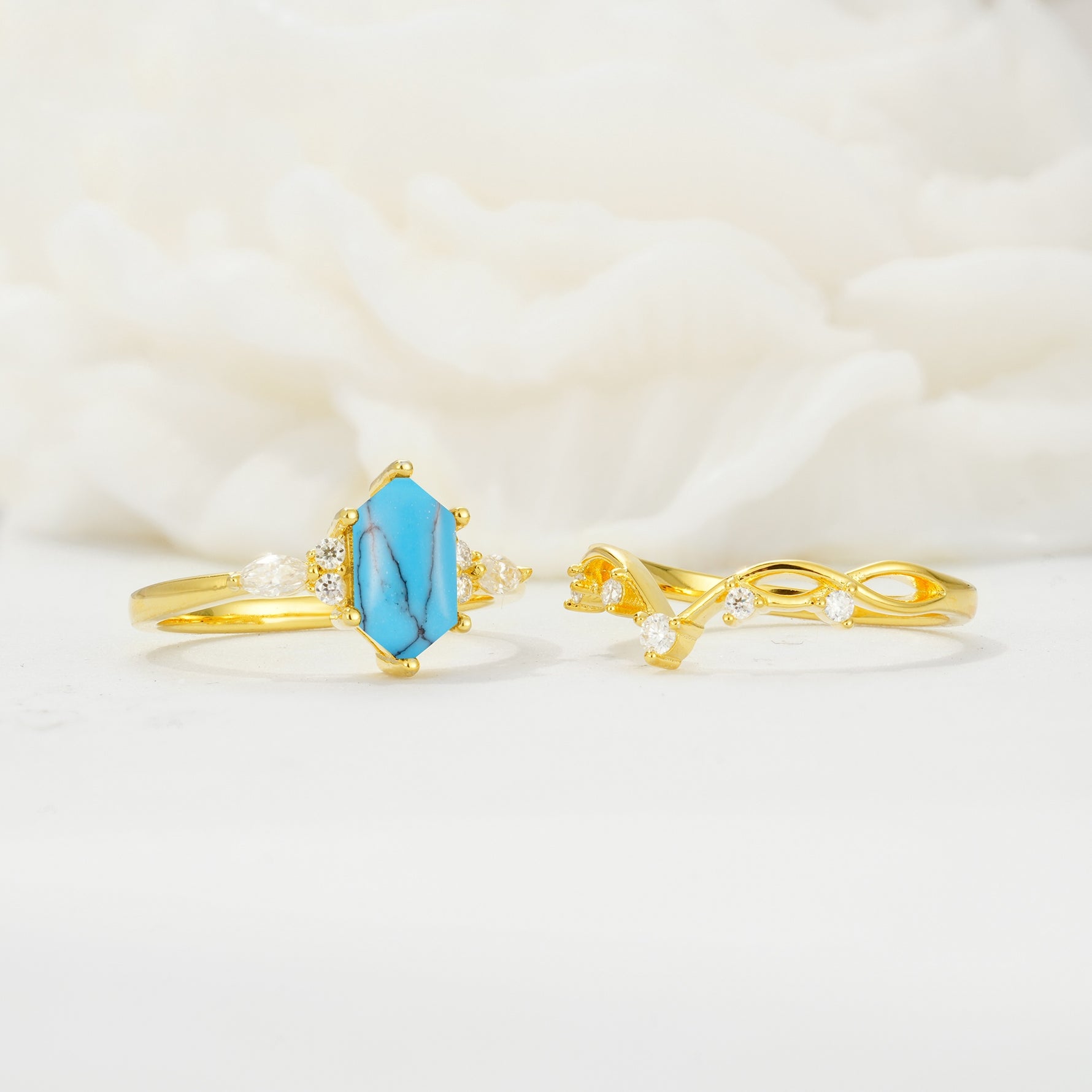 Elegant Long Hexagonal Cut Twisted Vine Turquoise Engagement Ring - White-Gold