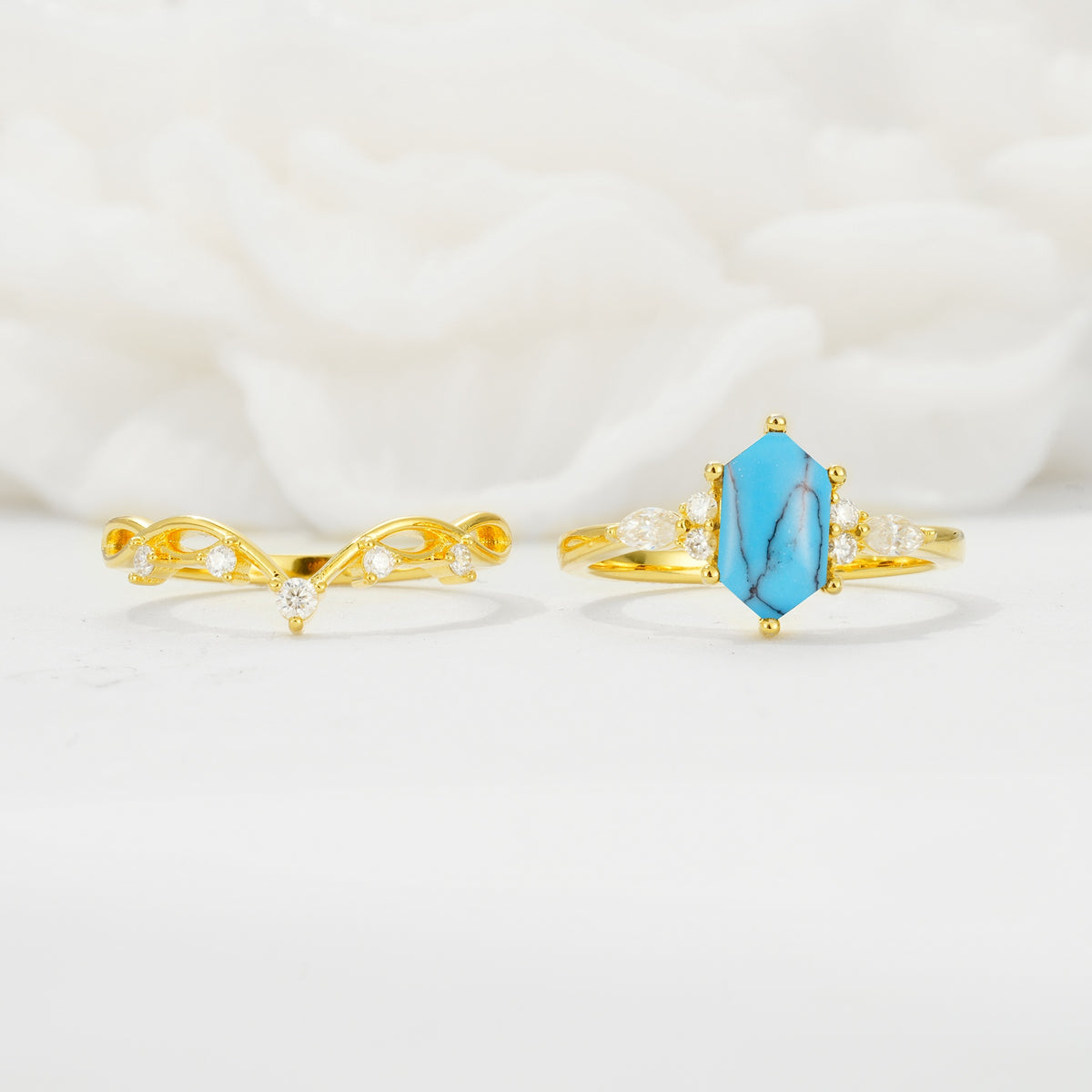 Elegant Long Hexagonal Cut Twisted Vine Turquoise Engagement Ring - Additional view