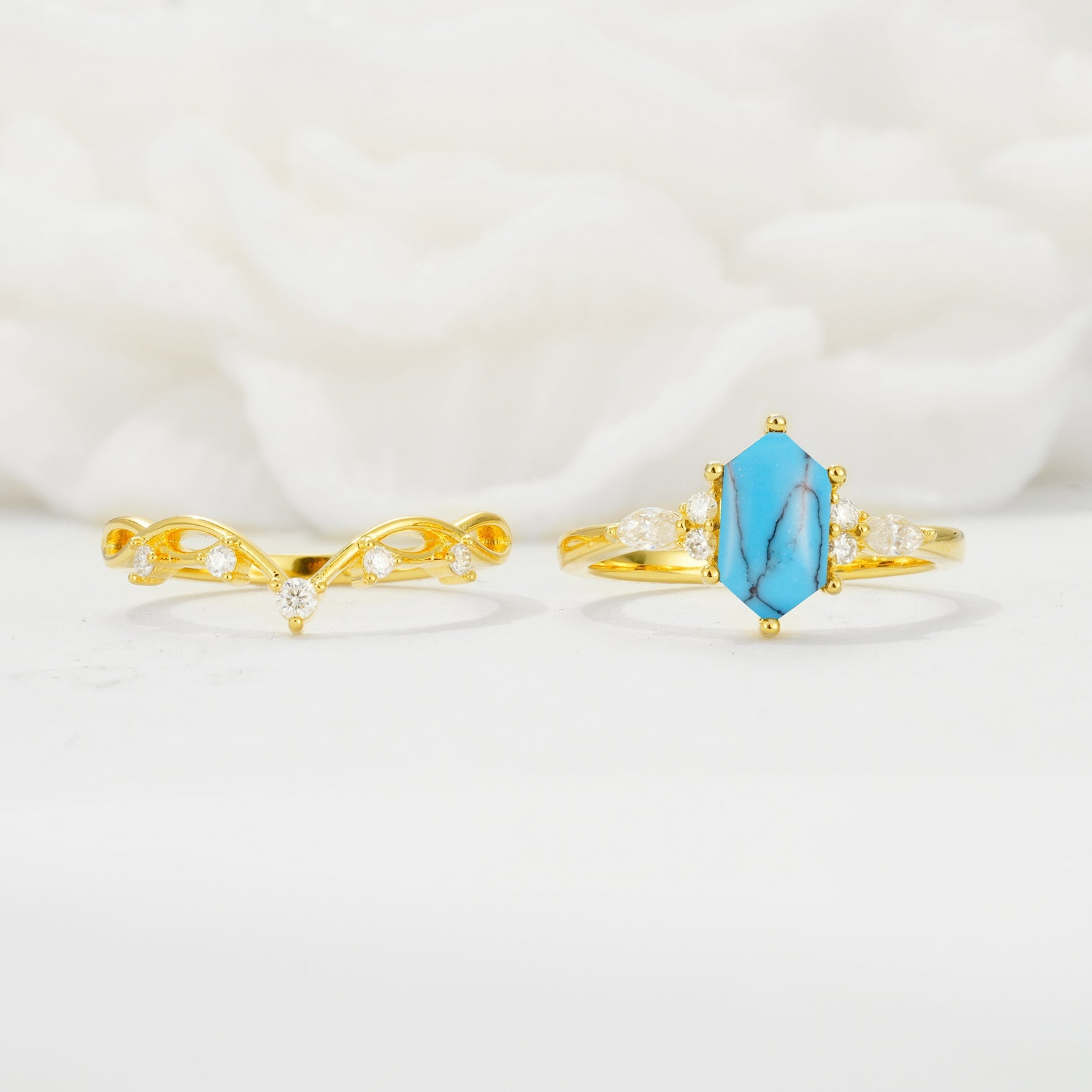 Elegant Long Hexagonal Cut Twisted Vine Turquoise Engagement Ring - Additional view