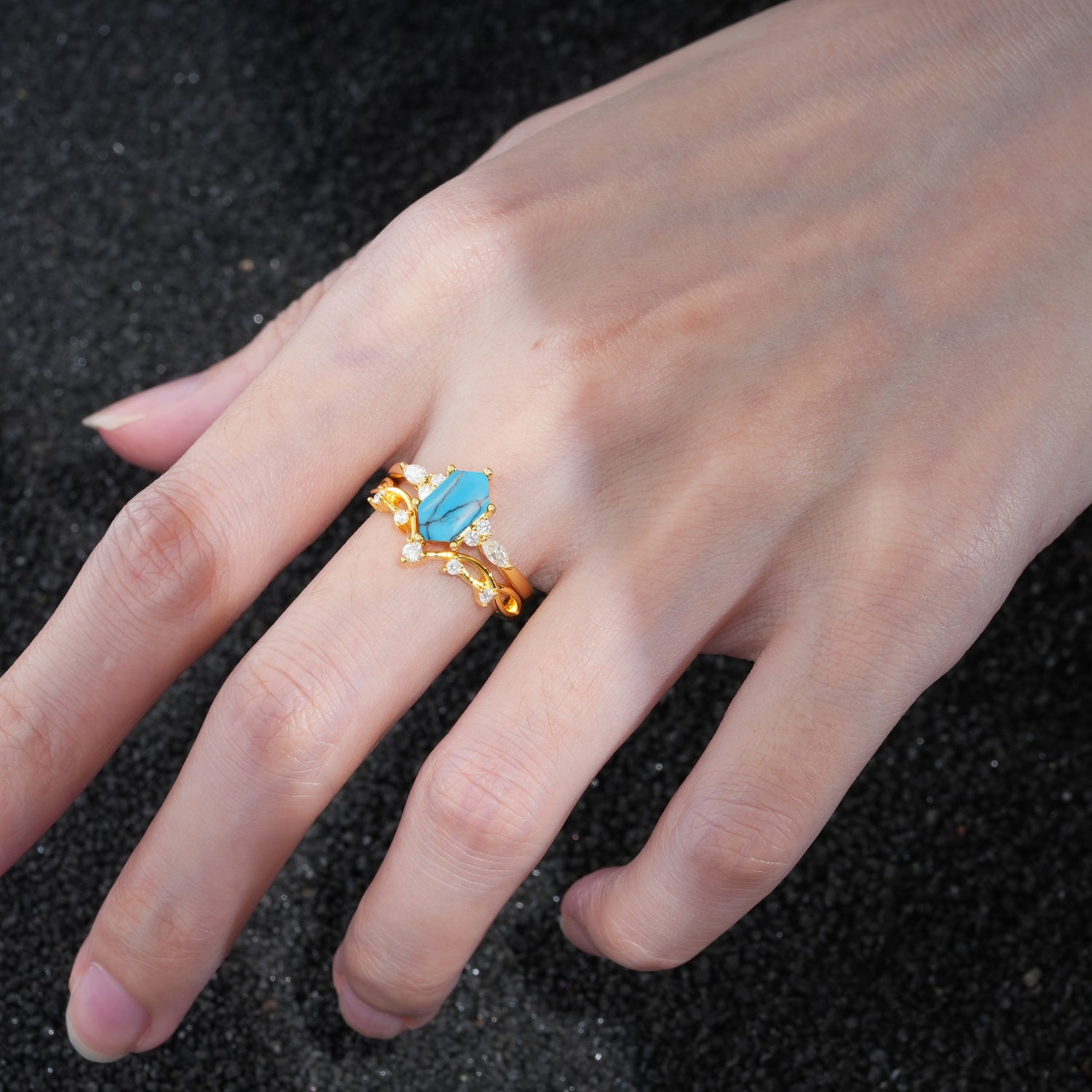Elegant Long Hexagonal Cut Twisted Vine Turquoise Engagement Ring - Additional view