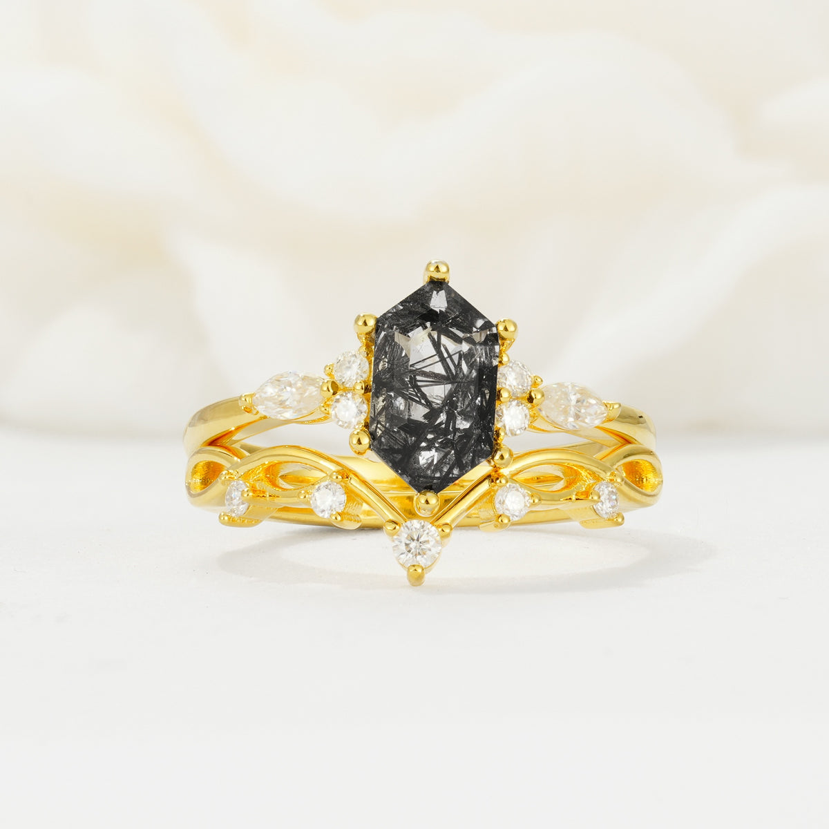 Elegant Long Hexagonal Cut Twisted Vine Black Rutilated Quartz Engagement Ring - Yellow-Gold