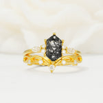 Elegant Long Hexagonal Cut Twisted Vine Black Rutilated Quartz Engagement Ring - Yellow-Gold