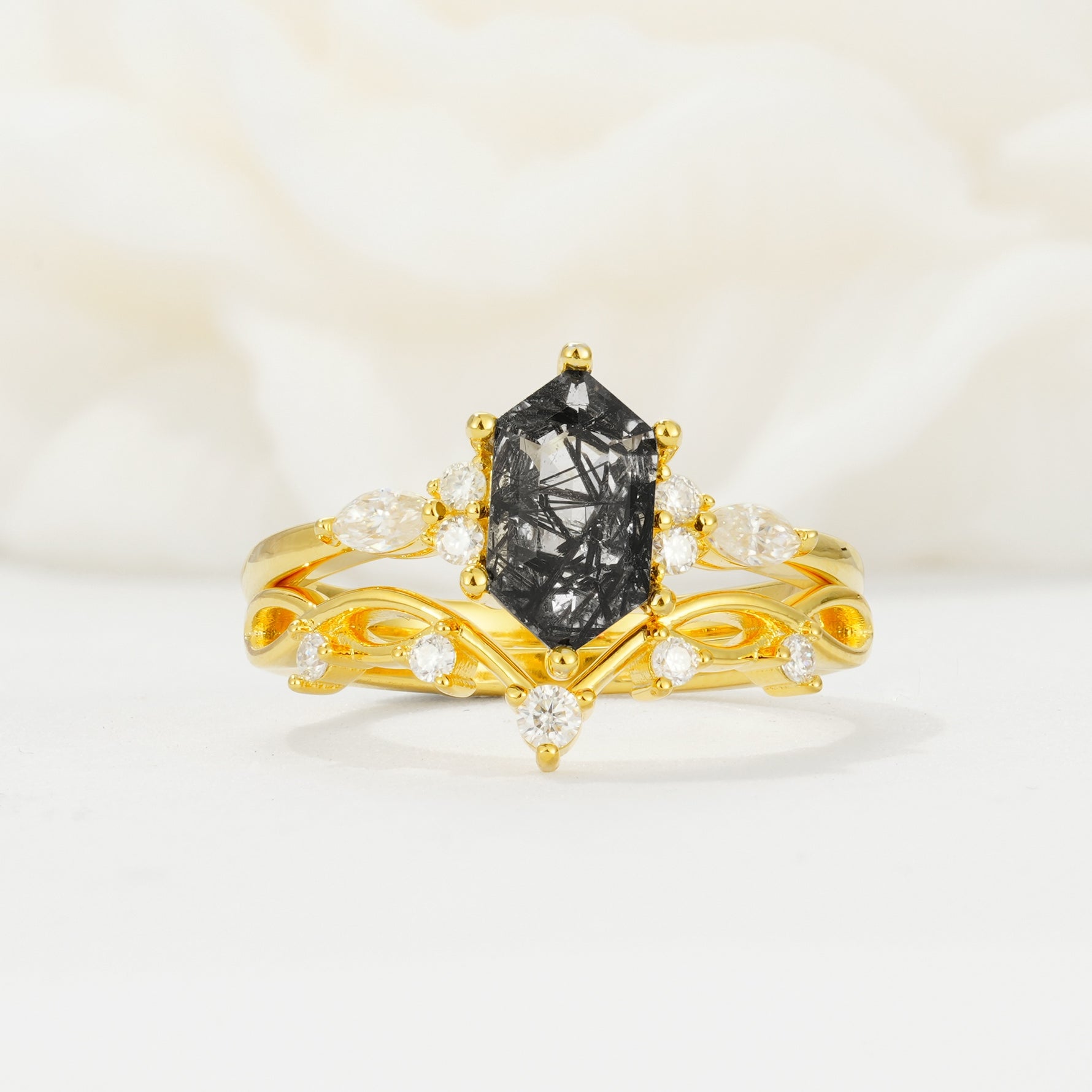 Elegant Long Hexagonal Cut Twisted Vine Black Rutilated Quartz Engagement Ring - Yellow-Gold