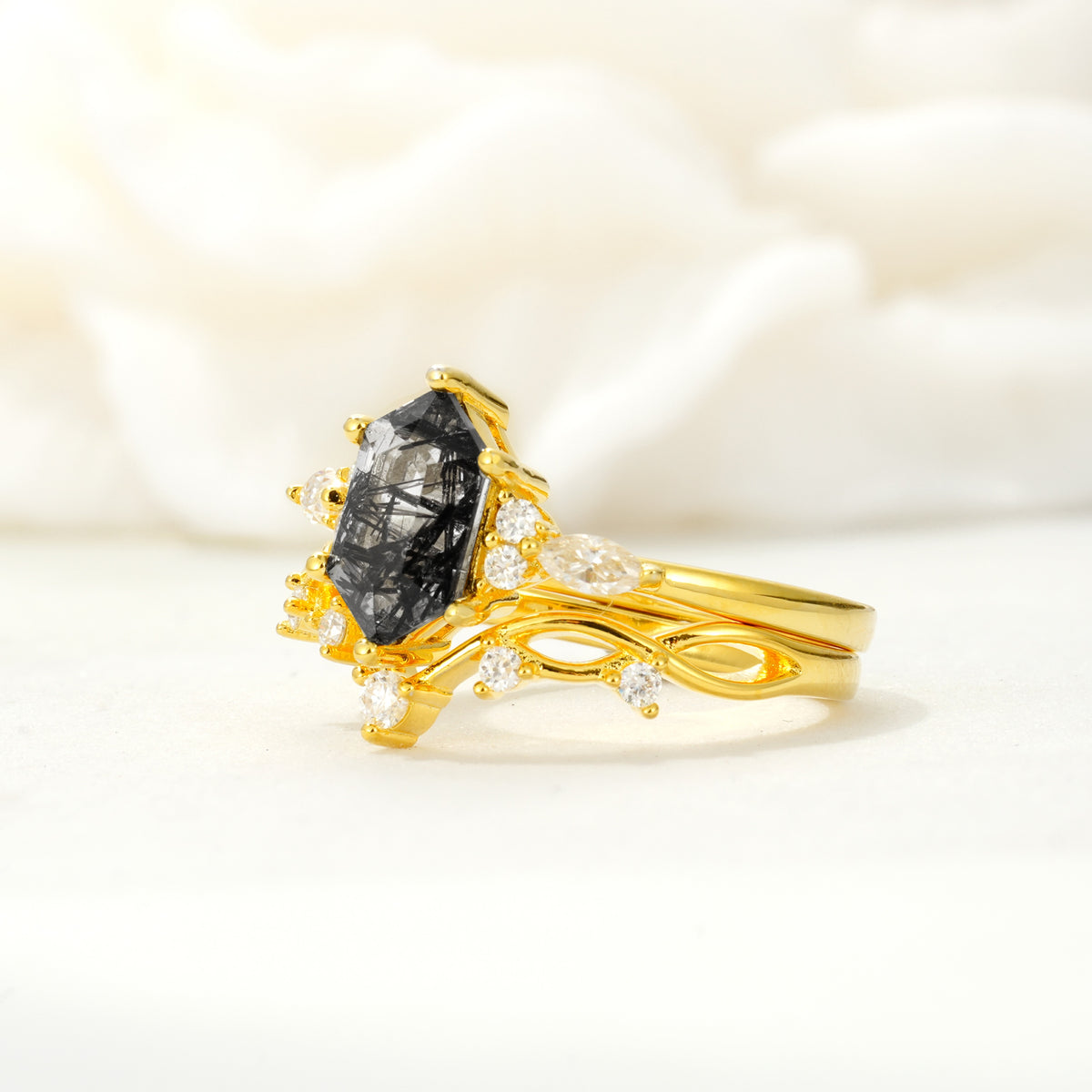 Elegant Long Hexagonal Cut Twisted Vine Black Rutilated Quartz Engagement Ring - Rose-Gold