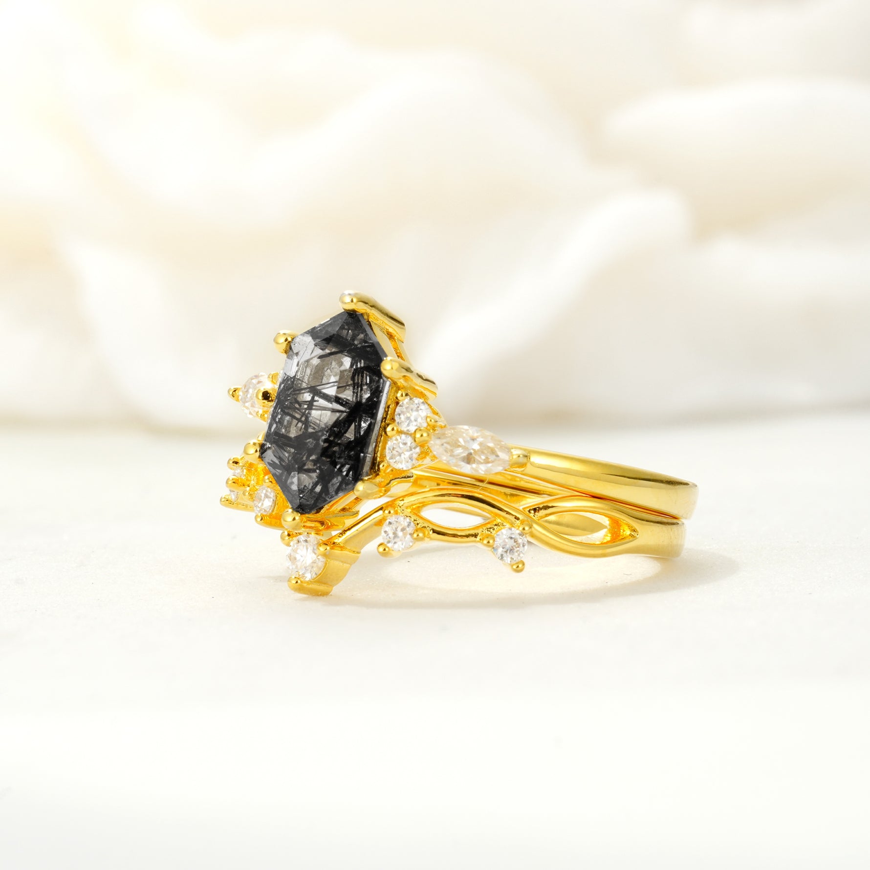 Elegant Long Hexagonal Cut Twisted Vine Black Rutilated Quartz Engagement Ring - Rose-Gold