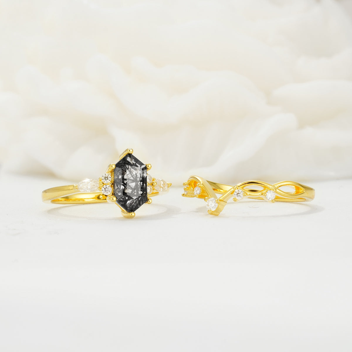 Elegant Long Hexagonal Cut Twisted Vine Black Rutilated Quartz Engagement Ring - White-Gold