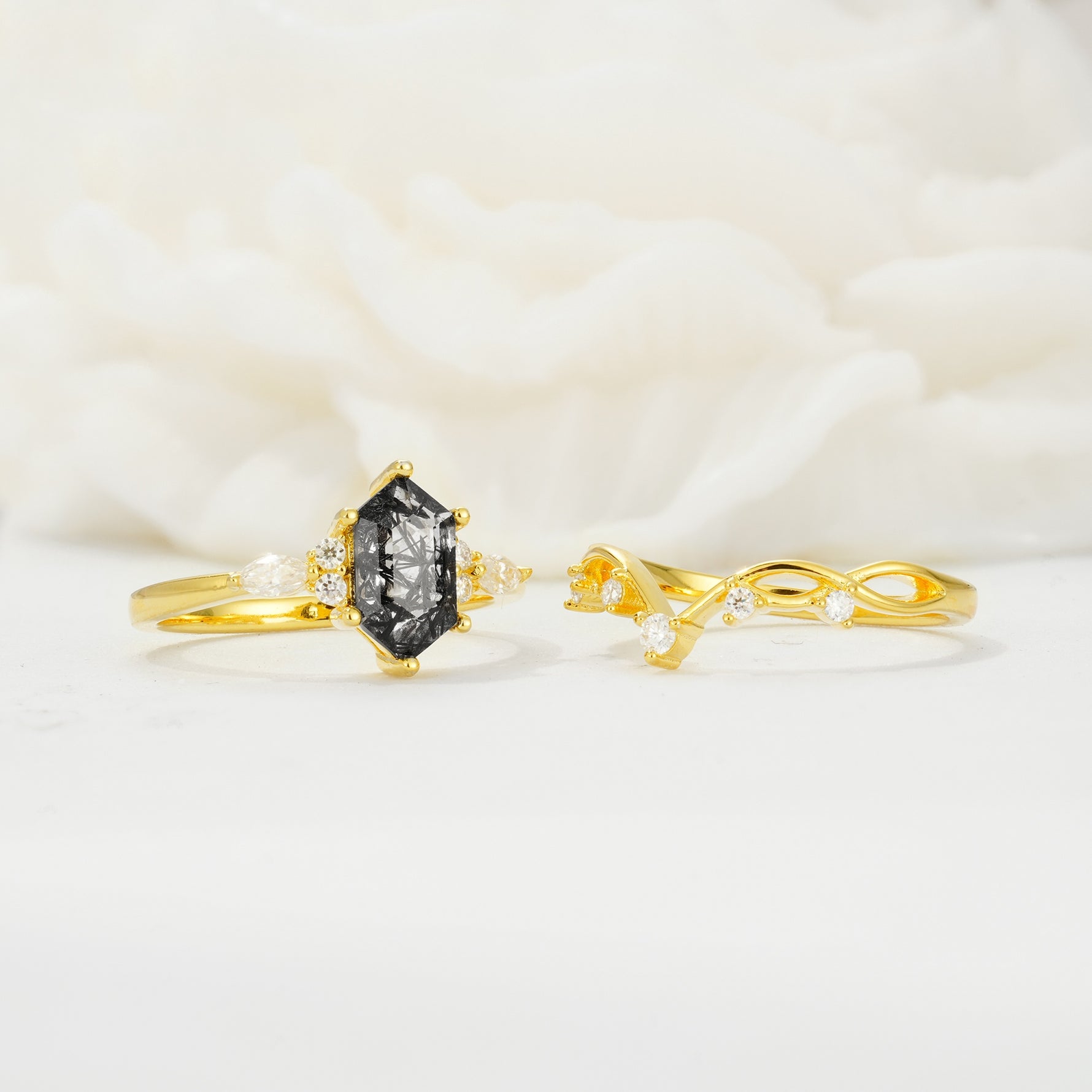 Elegant Long Hexagonal Cut Twisted Vine Black Rutilated Quartz Engagement Ring - White-Gold