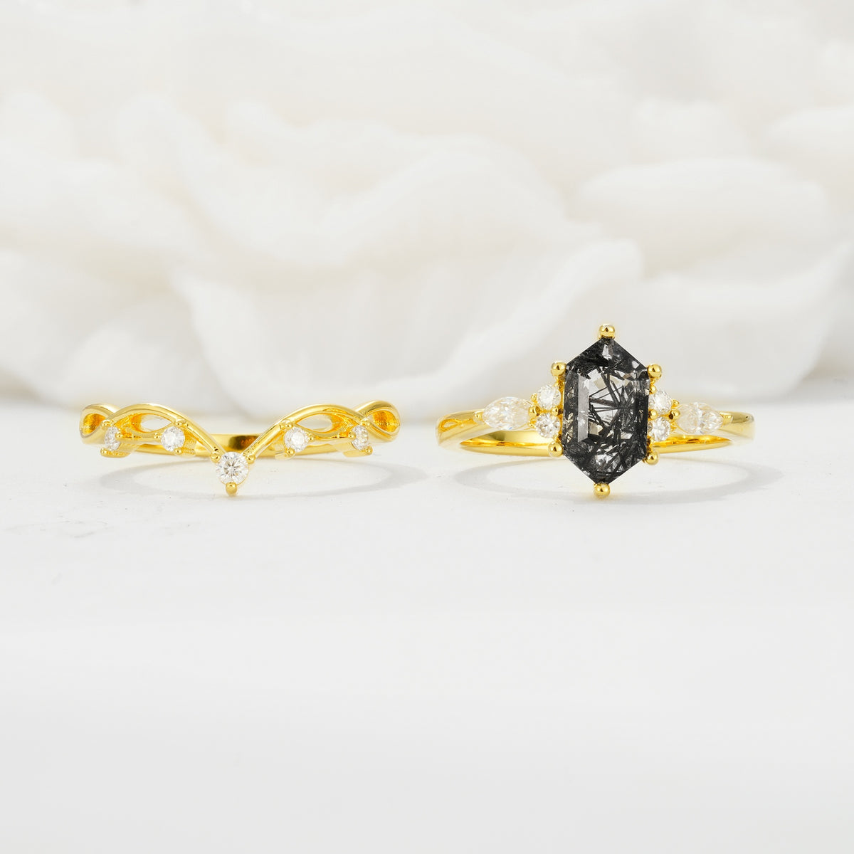 Elegant Long Hexagonal Cut Twisted Vine Black Rutilated Quartz Engagement Ring - Additional view
