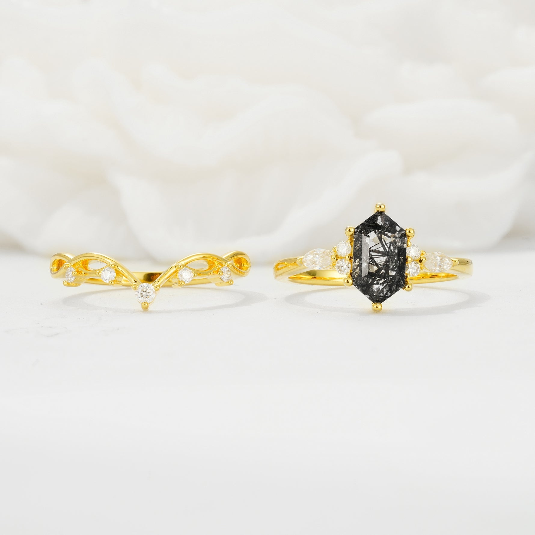 Elegant Long Hexagonal Cut Twisted Vine Black Rutilated Quartz Engagement Ring - Additional view