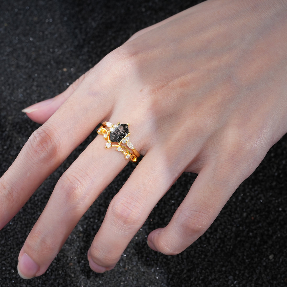 Elegant Long Hexagonal Cut Twisted Vine Black Rutilated Quartz Engagement Ring - Additional view