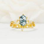 Elegant Long Hexagonal Cut Twisted Vine Moss Agate Engagement Ring - Yellow-Gold