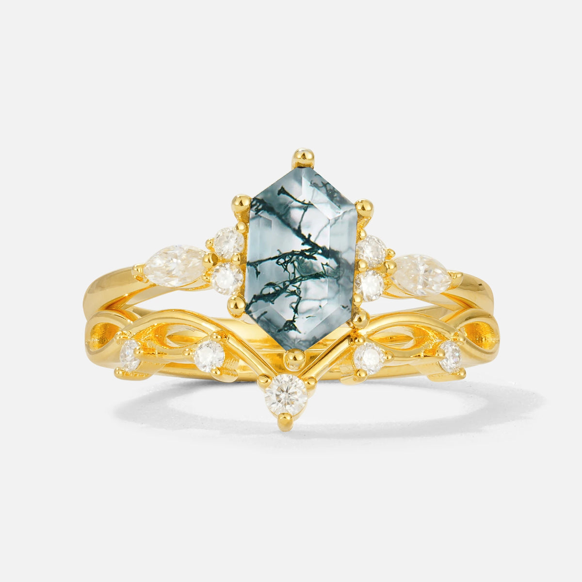 Elegant Long Hexagonal Cut Twisted Vine Moss Agate Engagement Ring - Yellow-Gold