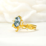 Elegant Long Hexagonal Cut Twisted Vine Moss Agate Engagement Ring - Rose-Gold