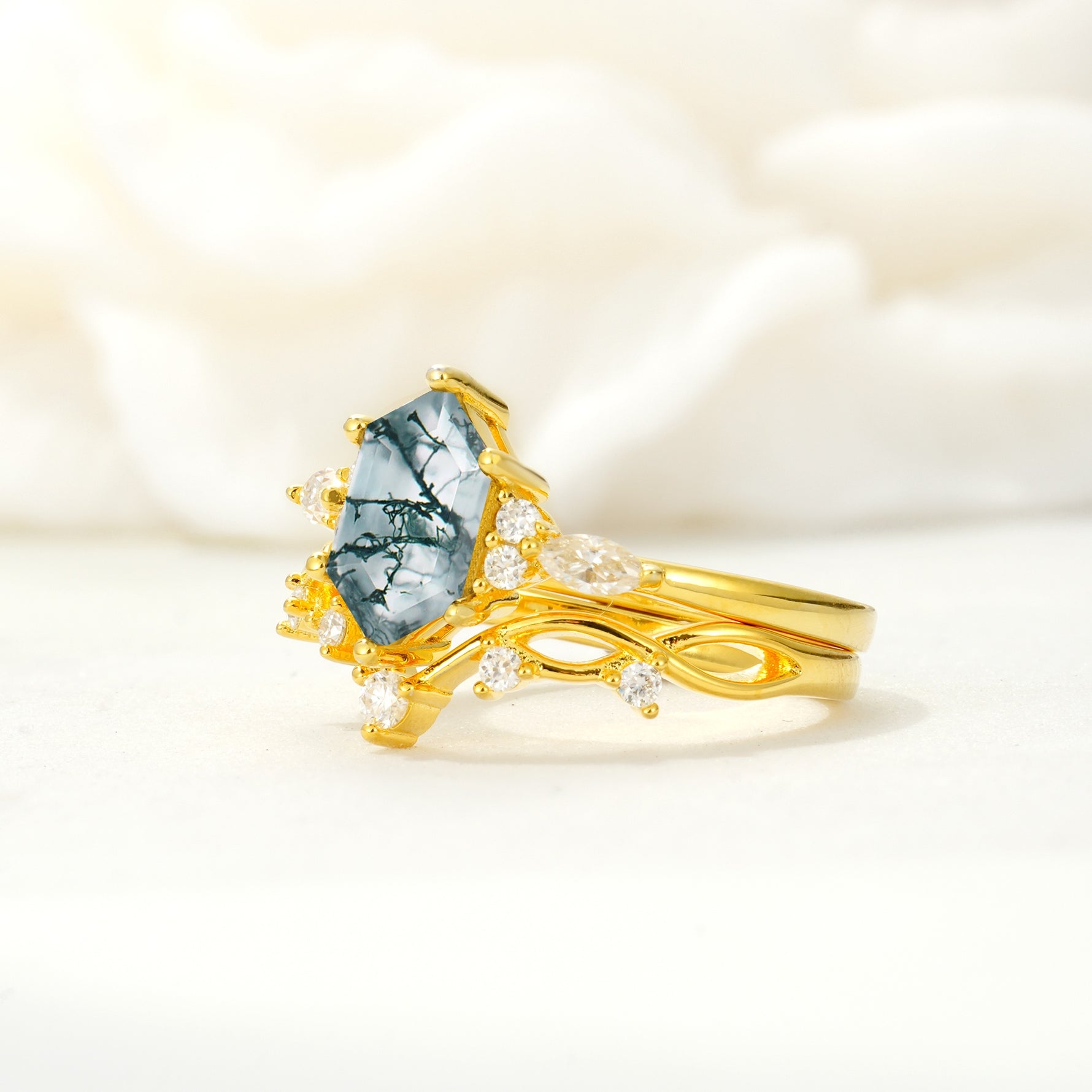Elegant Long Hexagonal Cut Twisted Vine Moss Agate Engagement Ring - Rose-Gold
