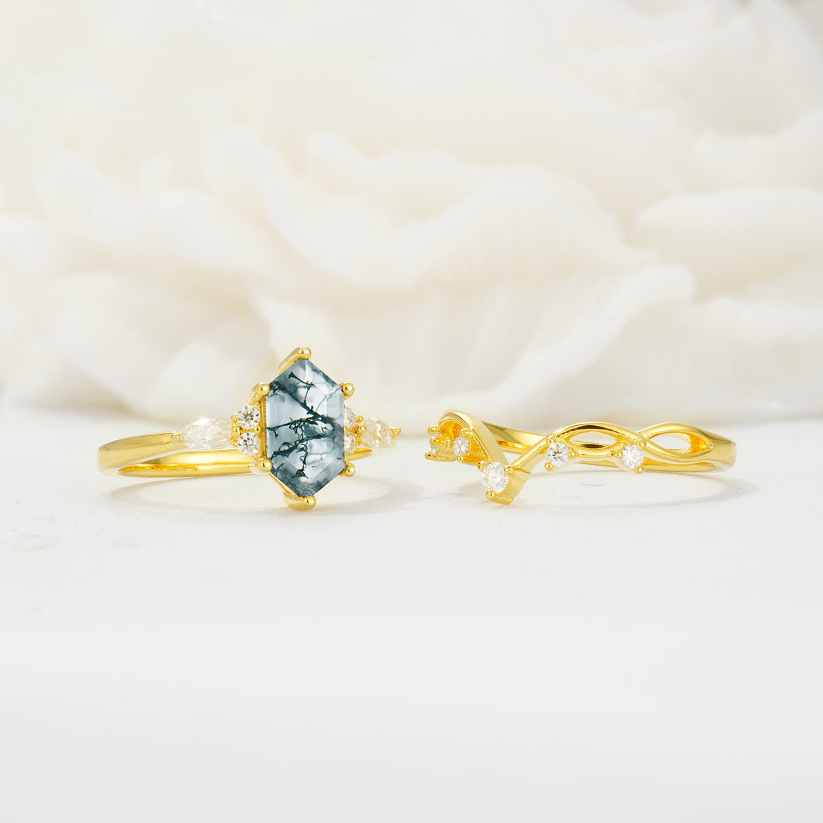 Elegant Long Hexagonal Cut Twisted Vine Moss Agate Engagement Ring - White-Gold
