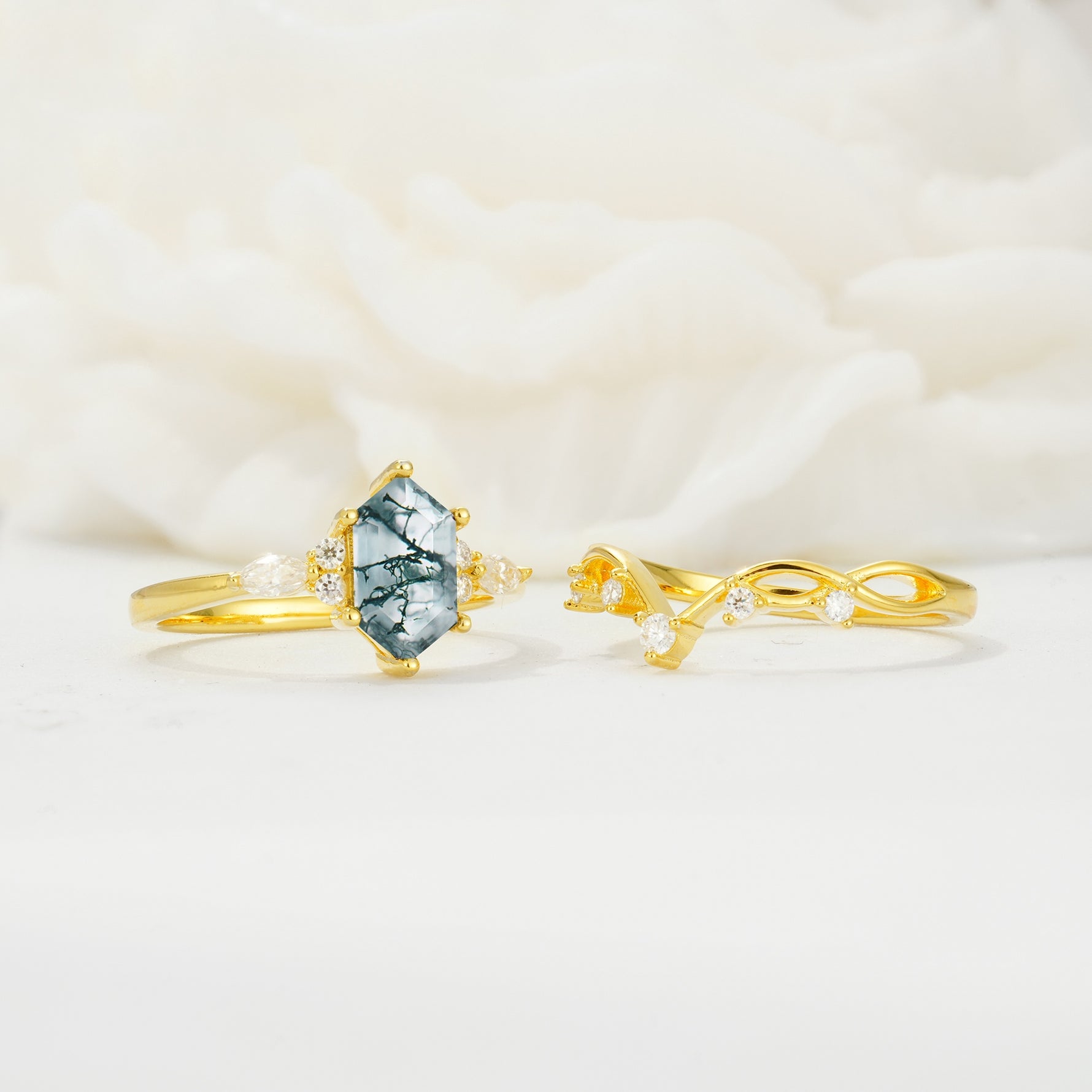Elegant Long Hexagonal Cut Twisted Vine Moss Agate Engagement Ring - White-Gold