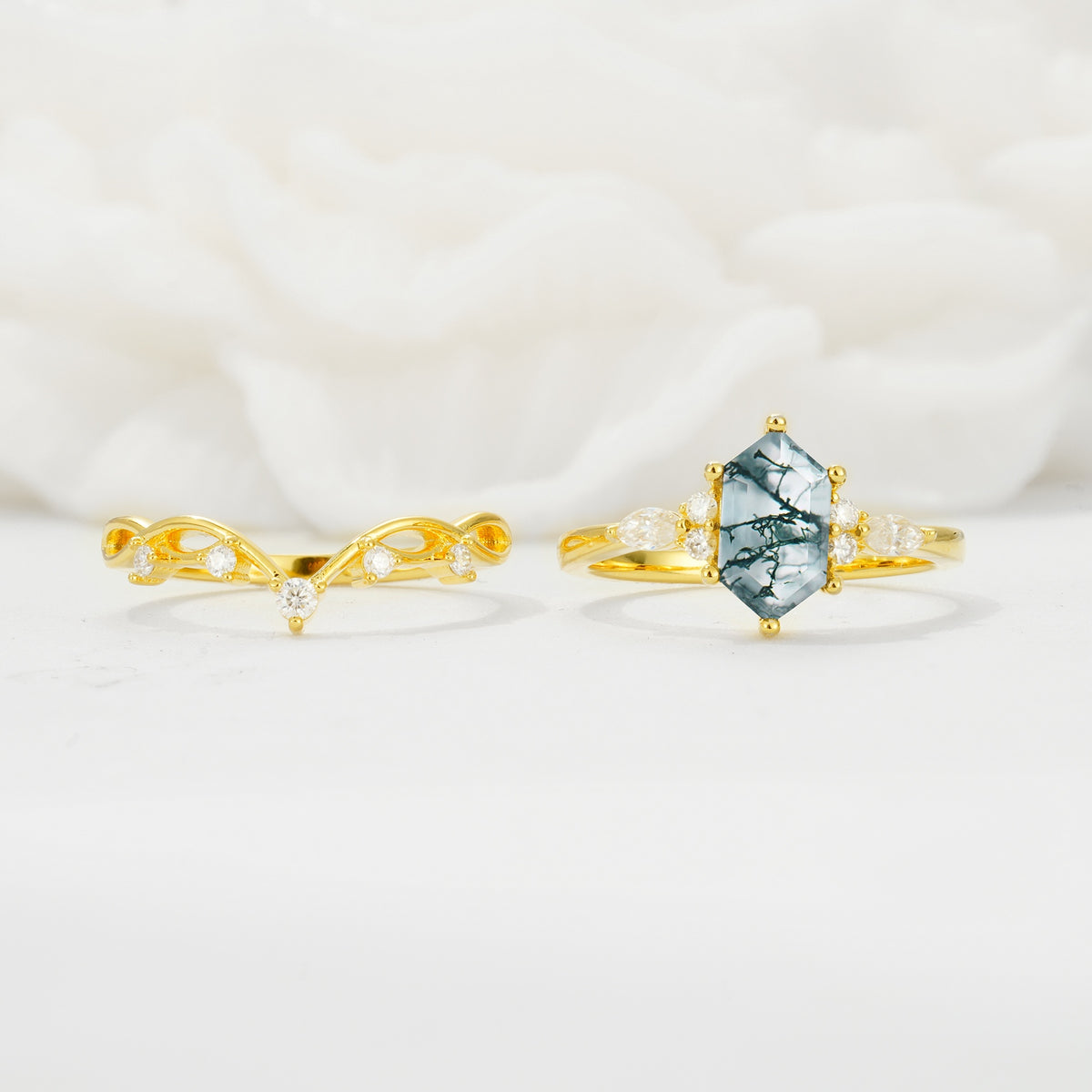 Elegant Long Hexagonal Cut Twisted Vine Moss Agate Engagement Ring - Additional view