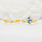 Elegant Long Hexagonal Cut Twisted Vine Moss Agate Engagement Ring - Additional view