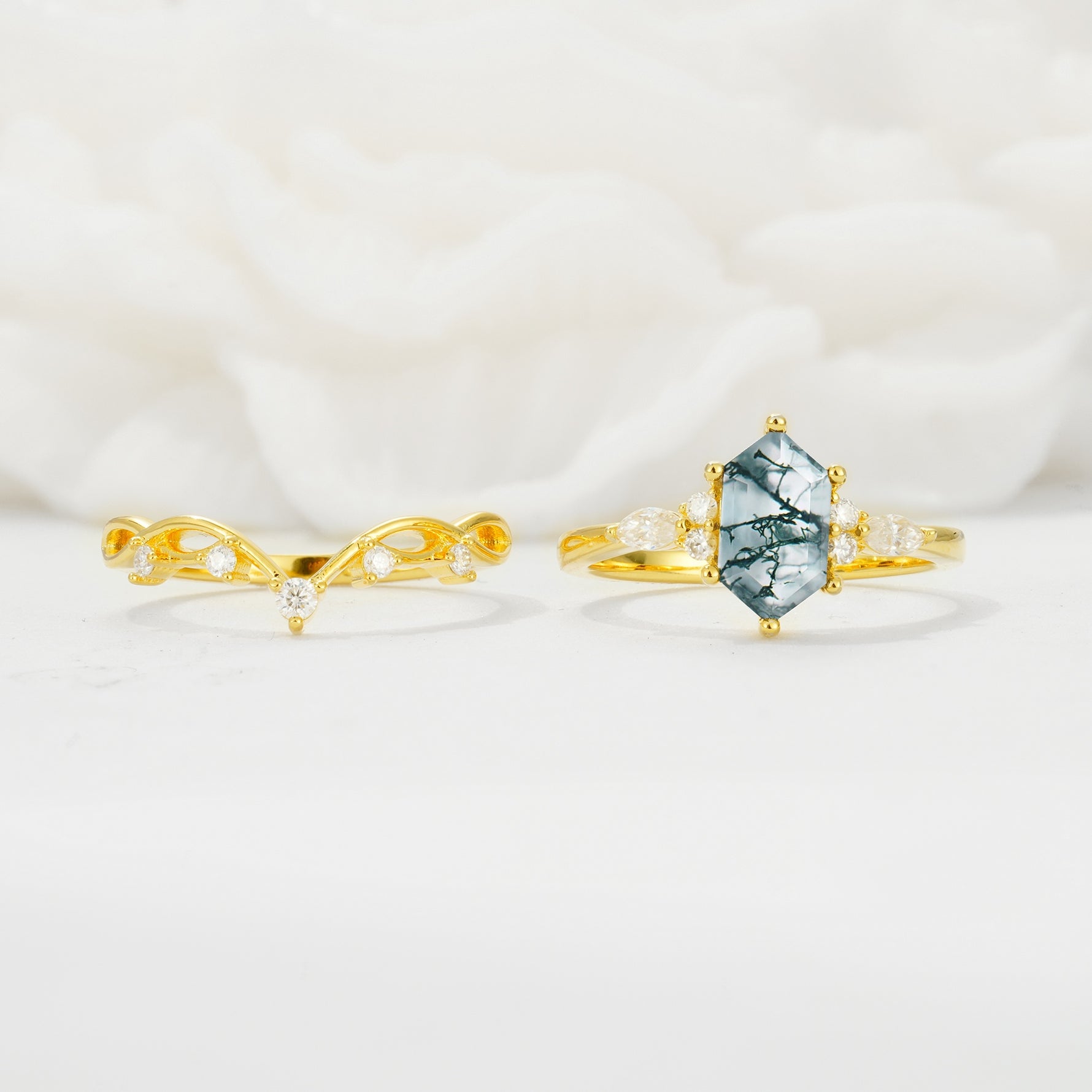 Elegant Long Hexagonal Cut Twisted Vine Moss Agate Engagement Ring - Additional view