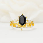 Elegant Long Hexagonal Cut Twisted Vine Black Onyx Engagement Ring - Yellow-Gold