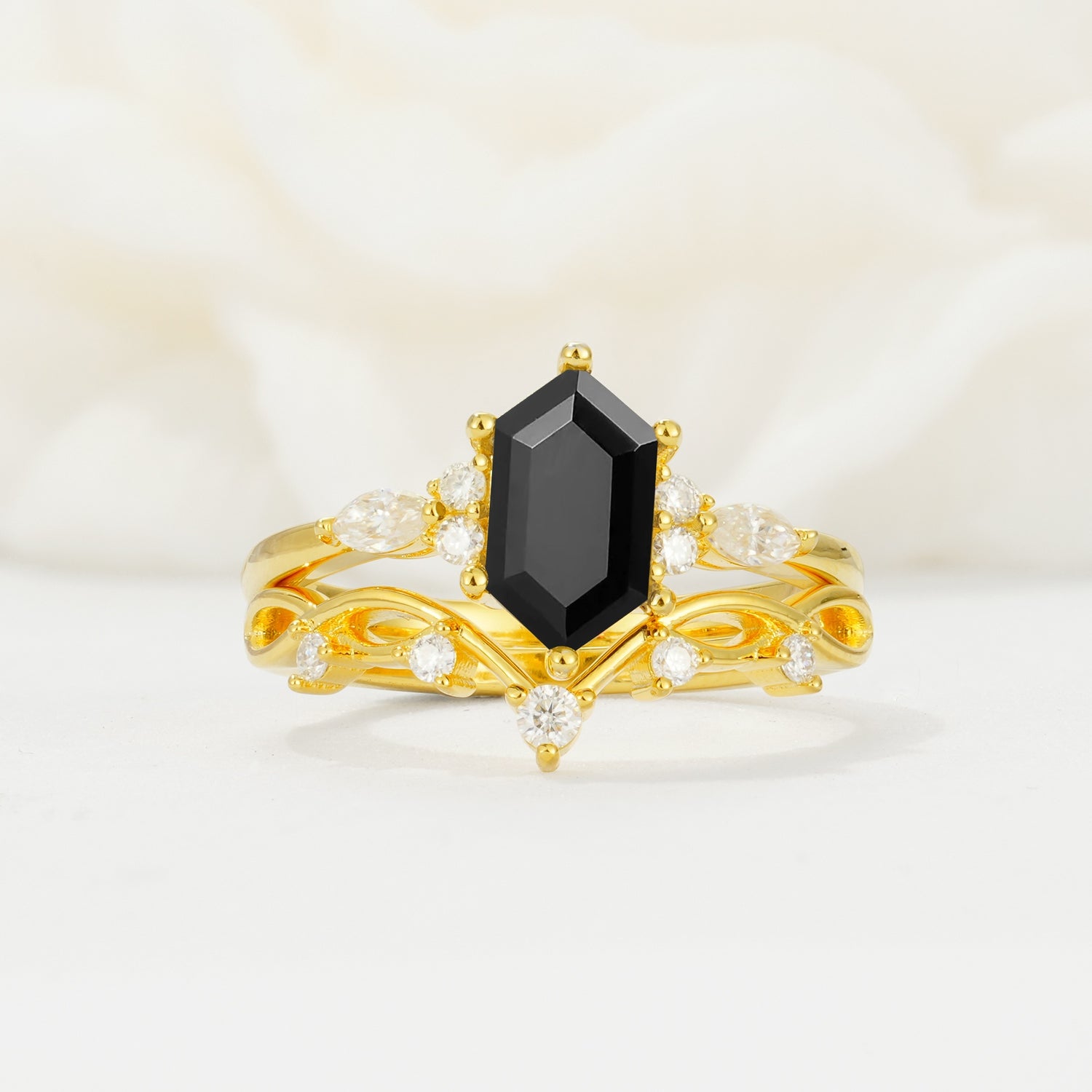 Elegant Long Hexagonal Cut Twisted Vine Black Onyx Engagement Ring - Yellow-Gold
