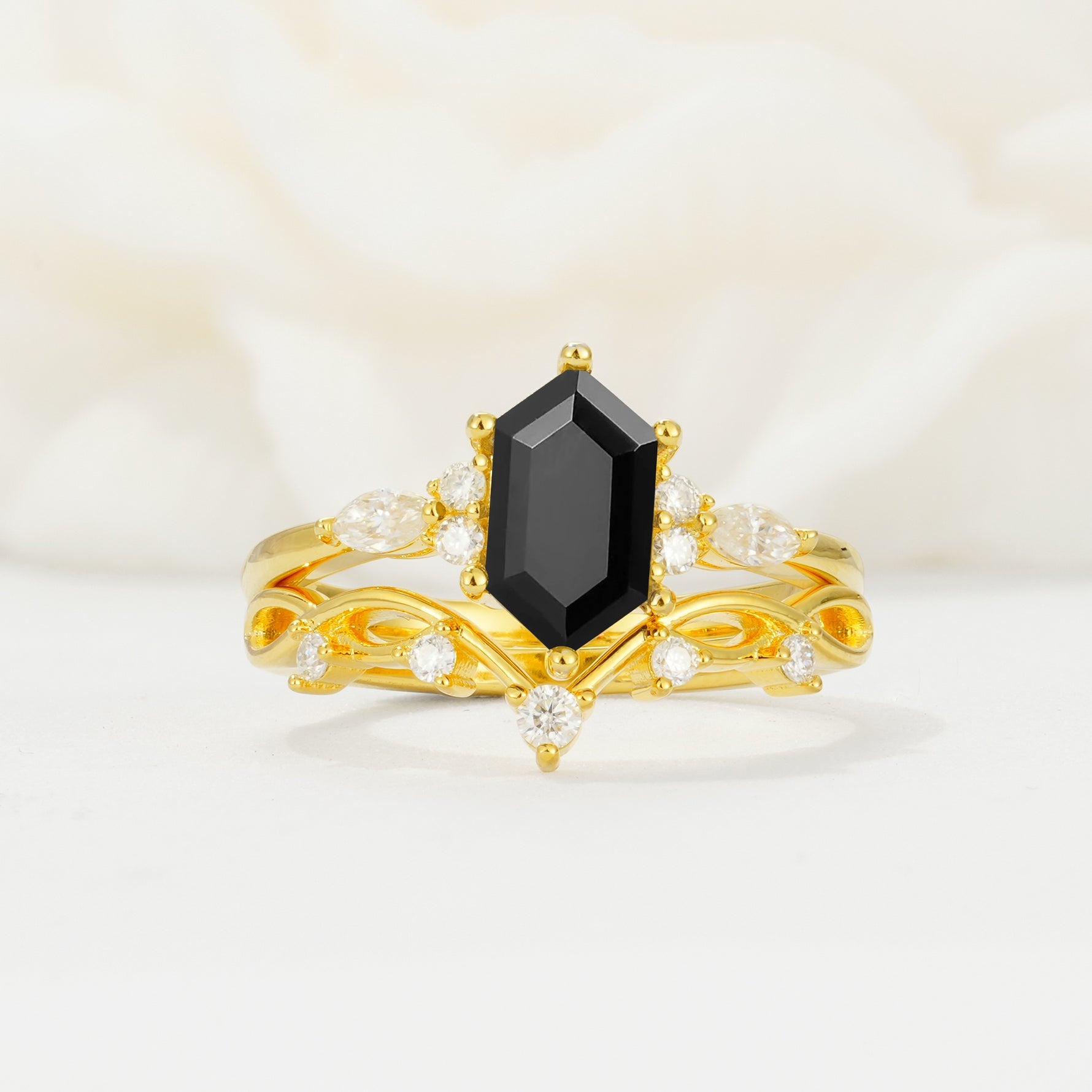 Elegant Long Hexagonal Cut Twisted Vine Black Onyx Engagement Ring - Yellow-Gold