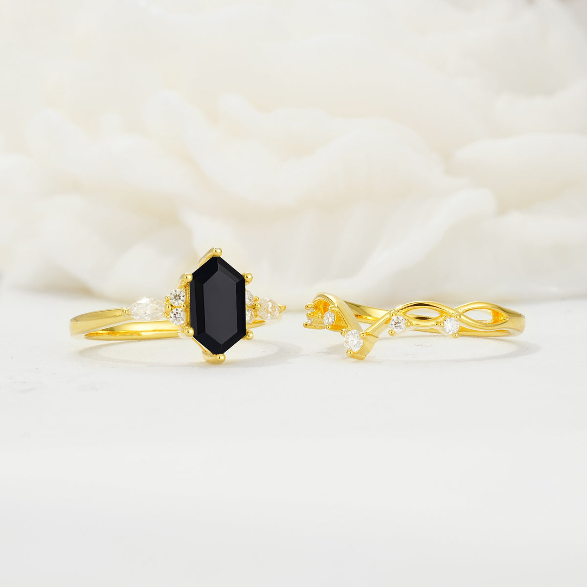 Elegant Long Hexagonal Cut Twisted Vine Black Onyx Engagement Ring - White-Gold